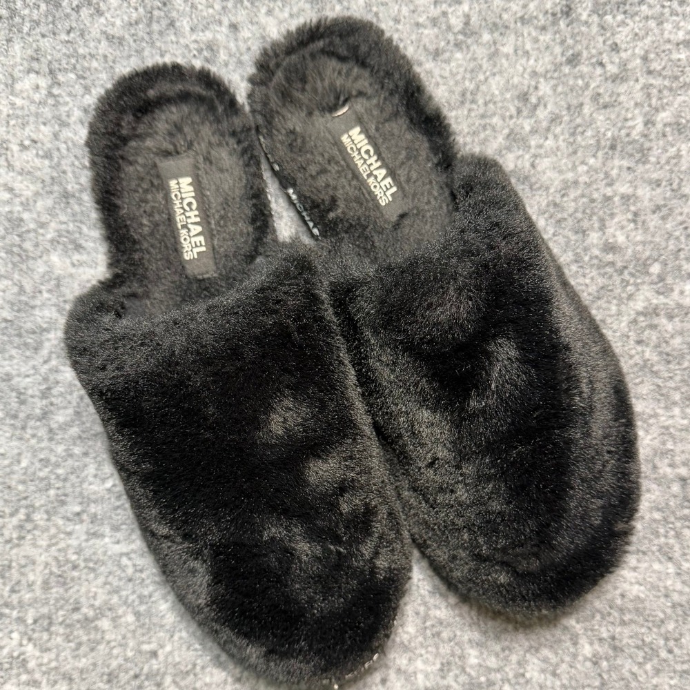 MICHAEL KORS Black Faux Fur Slippers 8M Logo Trim Cozy Mules